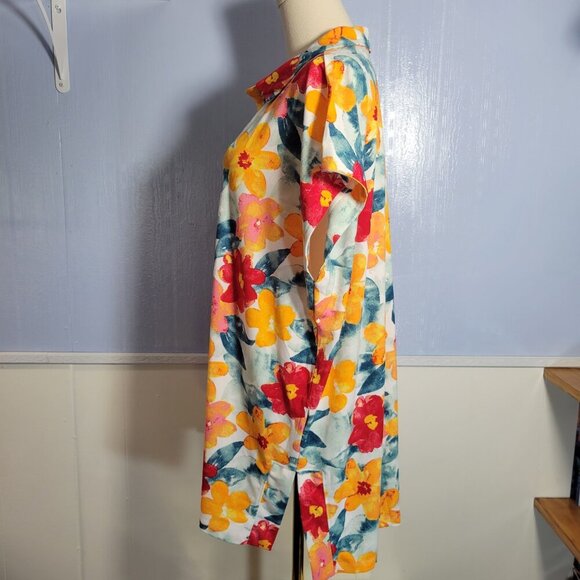 Lularoe Extra Large Orange Red Colorful Floral Collared Button Shortsleeve Shirt - Picture 3 of 9